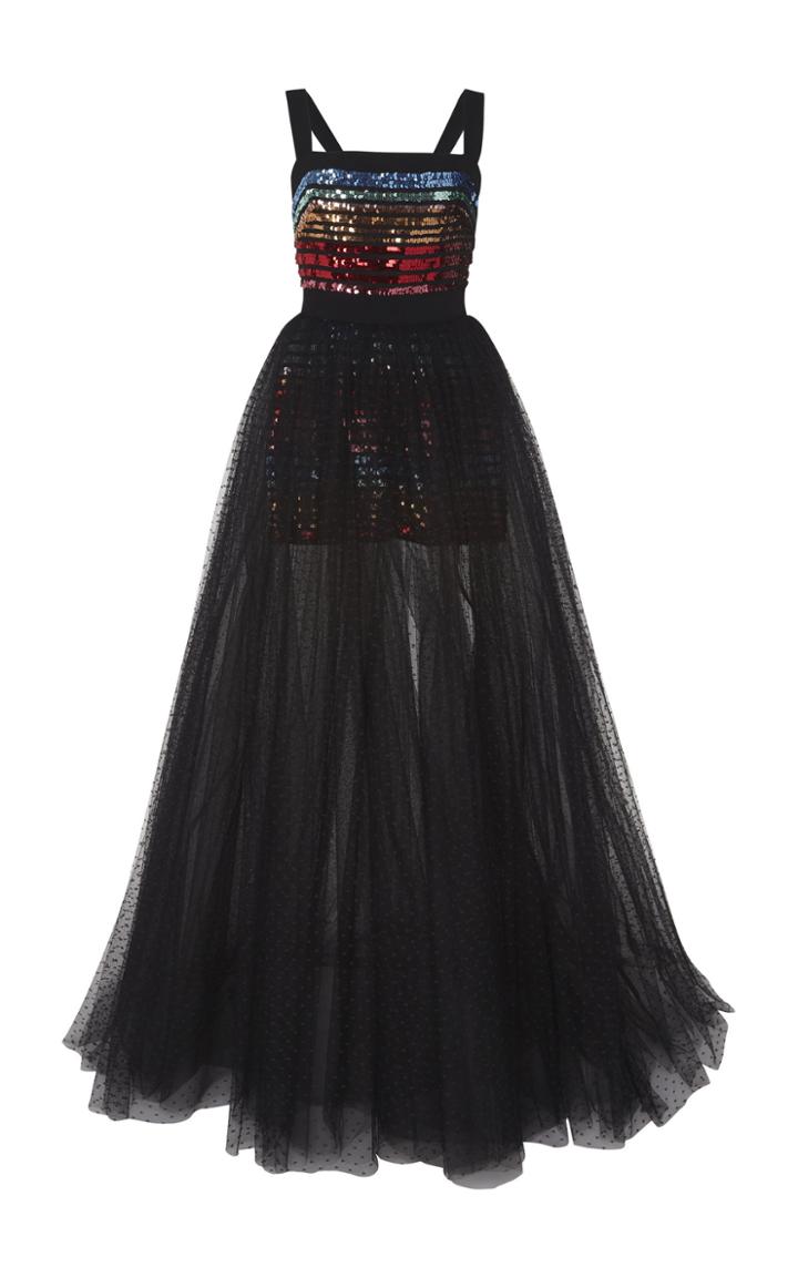 Elie Saab Strapped Embroidered Tulle Gown