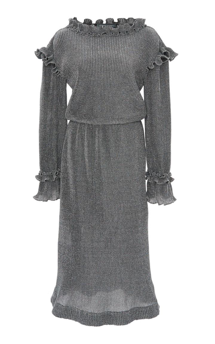 Alberta Ferretti Lurex Pliss Ruffle Midi Dress