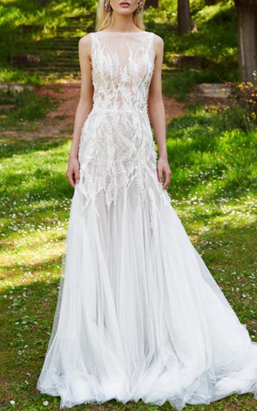 Costarellos Bridal Feather Lace Dress