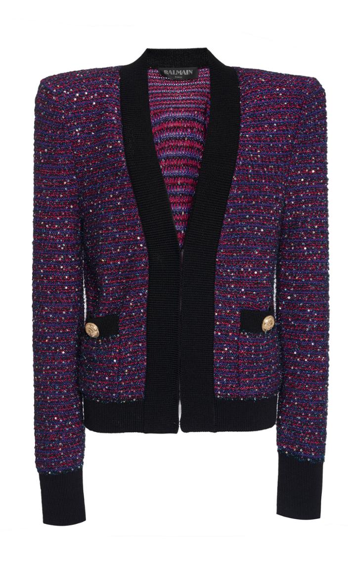 Balmain Sequin Stripe Tweed Crochet-knit Jacket