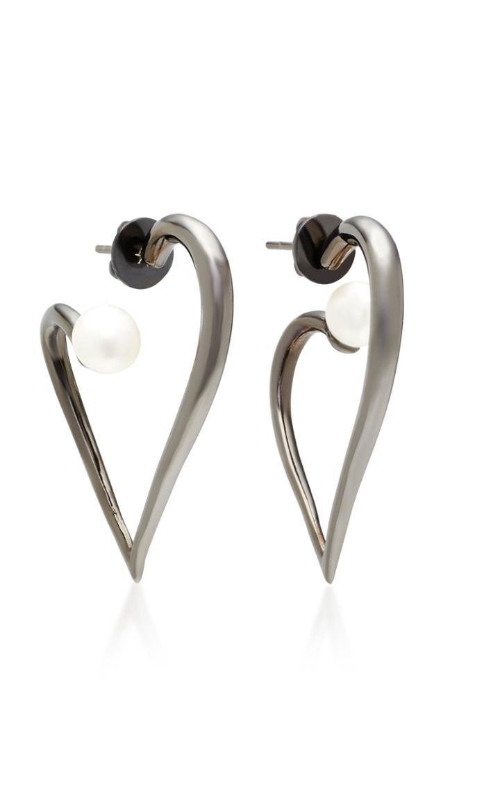 Lynn Ban Jewelry Black Rhodium Silver Pearl Heart Earrings