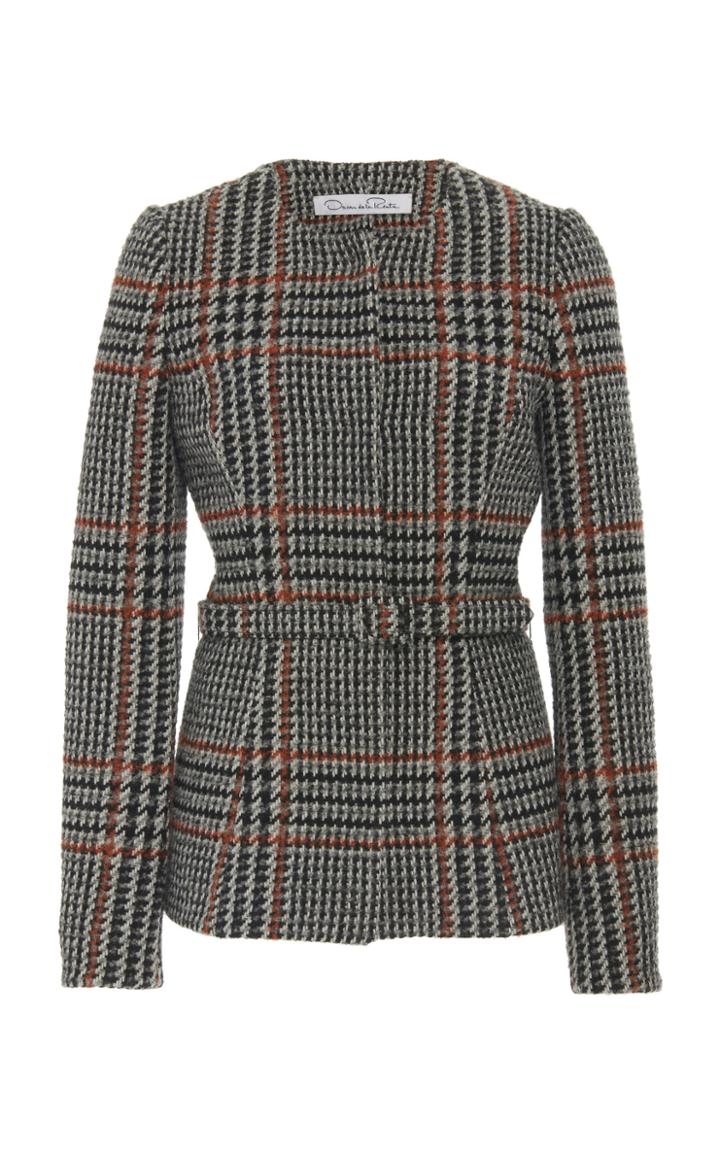 Oscar De La Renta Plaid Wool-alpaca Blend Collarless Jacket