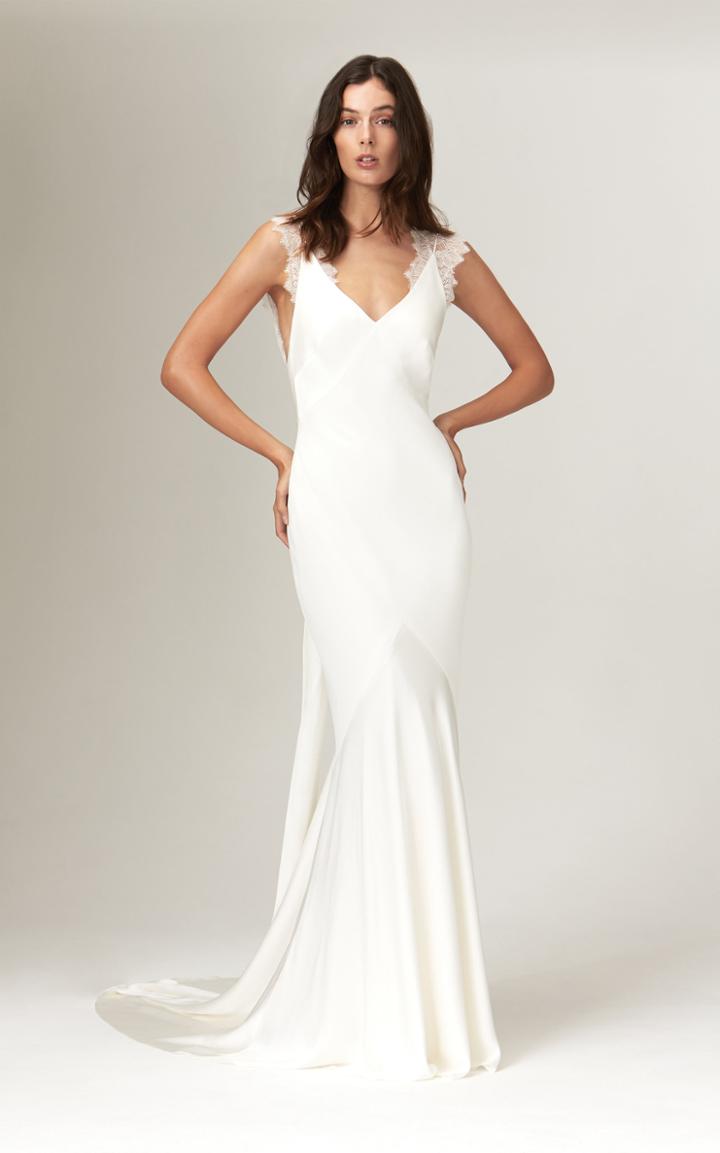 Savannah Miller Alma Deep V Satin Gown With Chantilly Lace Trim Straps