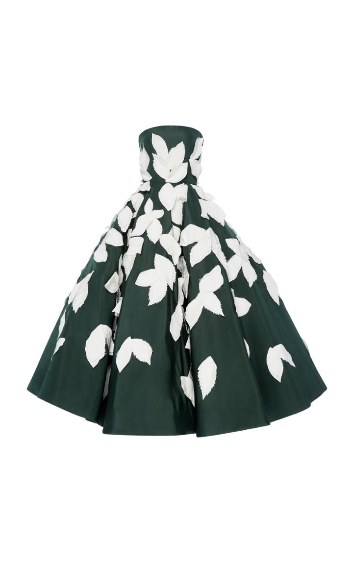 Oscar De La Renta Leaf Embroidered Tea Length Gown