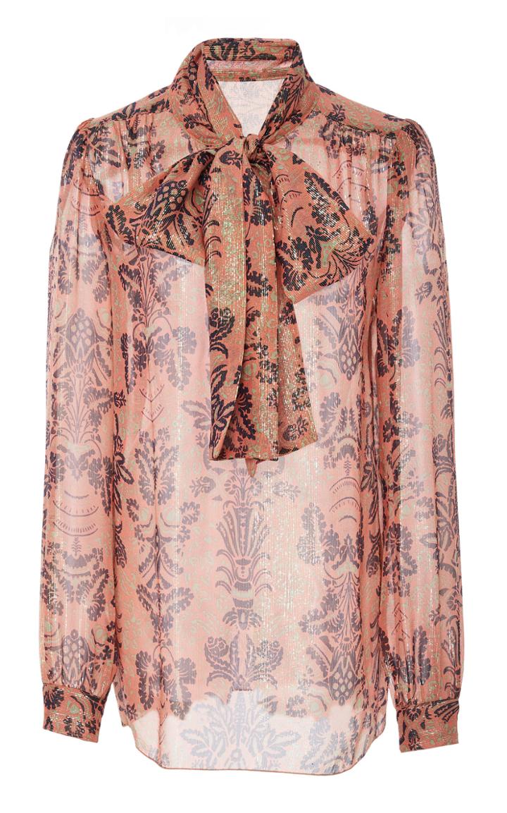 Anna Sui Feathers & Folage Metallic Jacquard Tie Neck Blouse