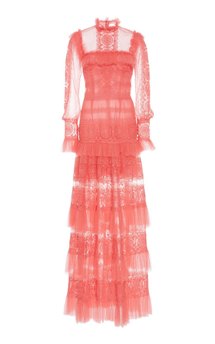 Costarellos Ruffled Mockneck Layered Embroidered Tulle Gown