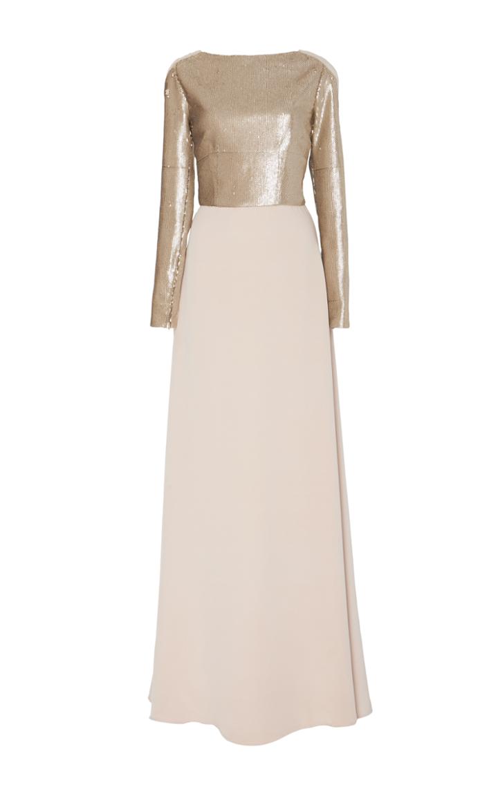 Carolina Herrera Long Sleeve Sequin Embroidered Crepe Gown