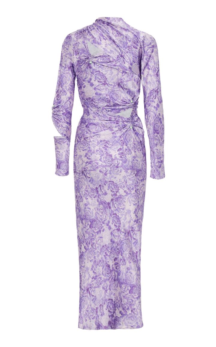 Ganni Embellished Gathered Cutout Satin Midi Dress