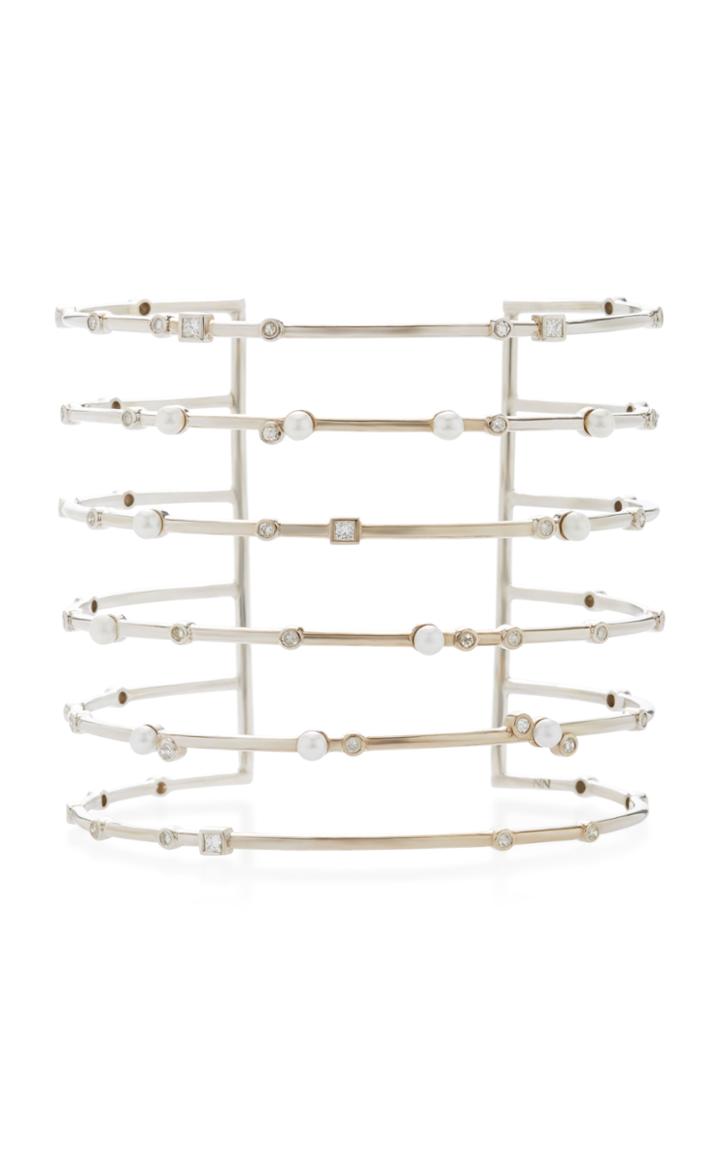 Nancy Newberg White Gold 6 Row Cuff With Pearls And Diamonds