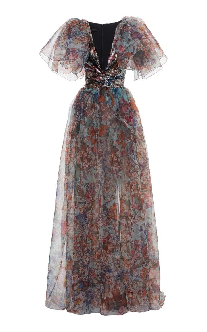 Elie Saab Puffy Sleeve Printed Organza Gown