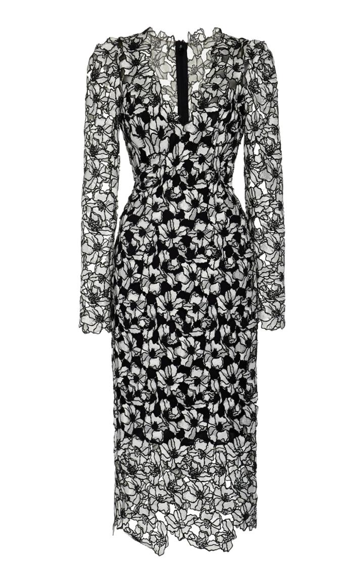 Monique Lhuillier Long Sleeve Guipure Lace V-neck Midi Dress