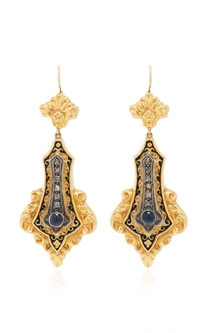 Fred Leighton Antique 14k Yellow Gold Sapphire And Diamond Pendant Earrings