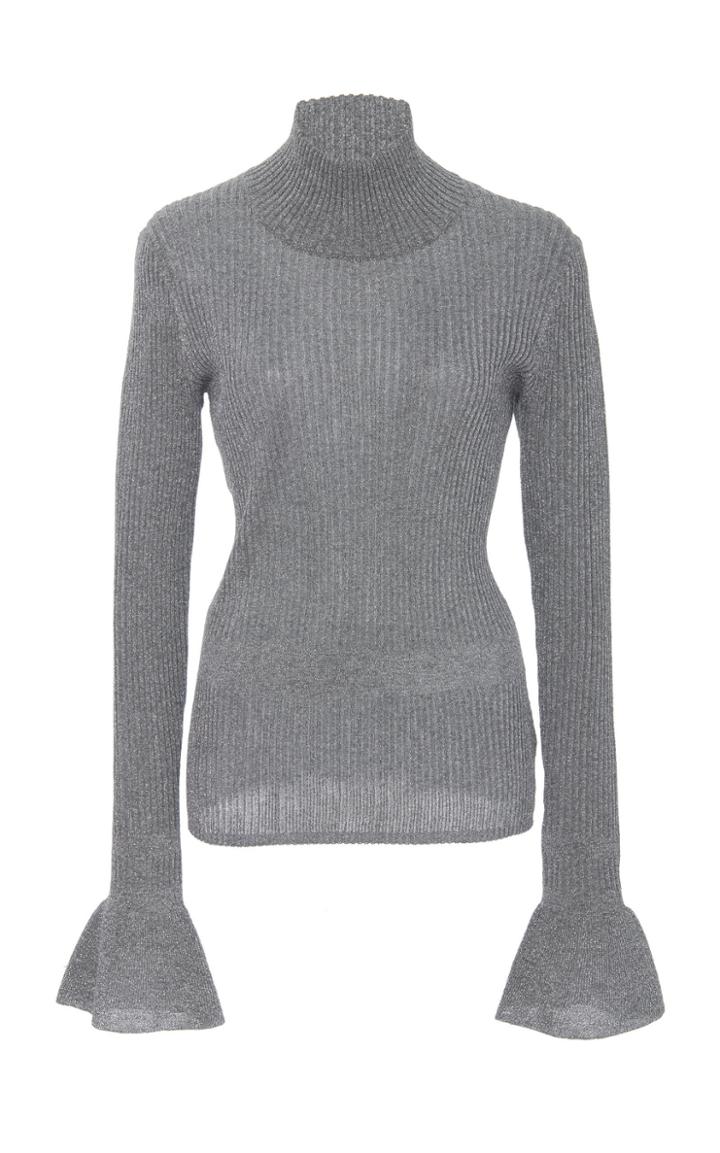 Veronica Beard Lilia Metallic Rib-knit Turtleneck Top