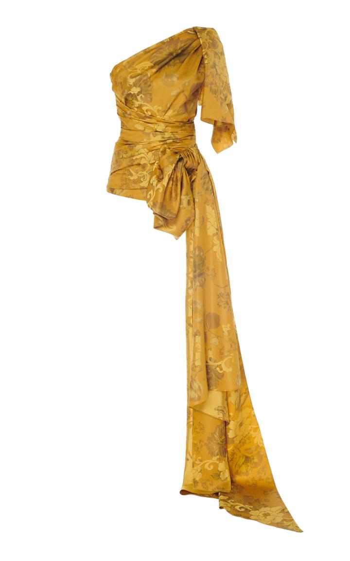 Oscar De La Renta One Shoulder Drape Front Printed Top