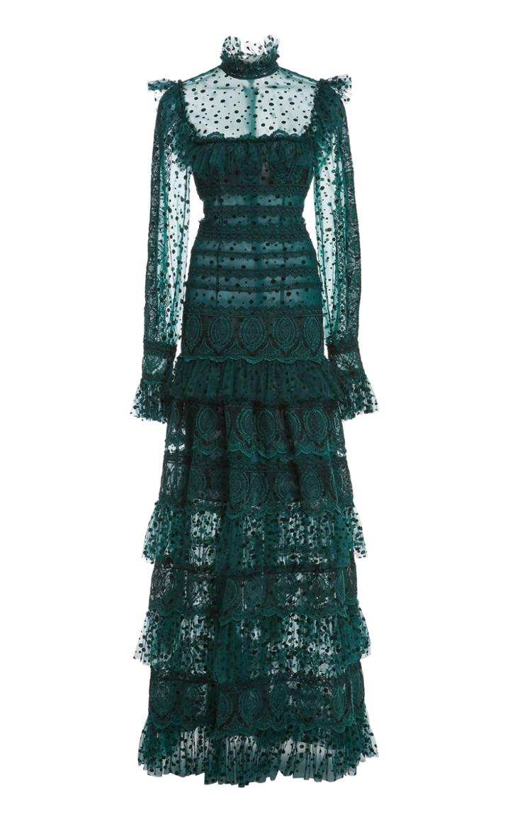 Moda Operandi Costarellos Caterina Ruffled Lace-detailed Flocked Tulle Tiered Gown