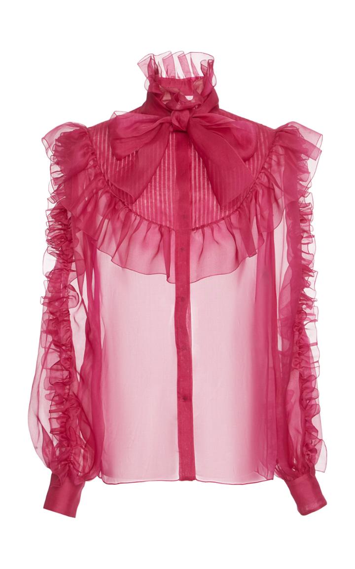 Dolce & Gabbana Ruffle Mock Neck Sheer Organza Button-up Shirt