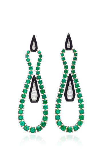 Nikos Koulis Oui Earring With Tapered Baguette White Diamond And Round Emerald And Black Enamel