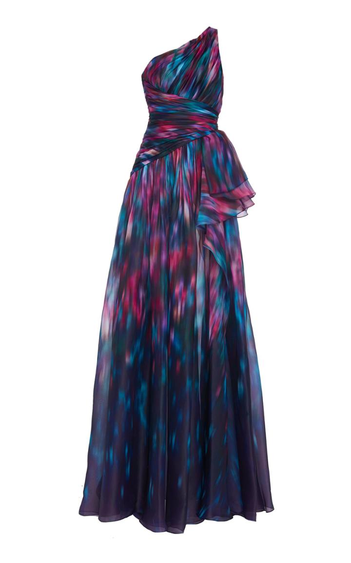 Pamella Roland Printed Ruched Organza Gown