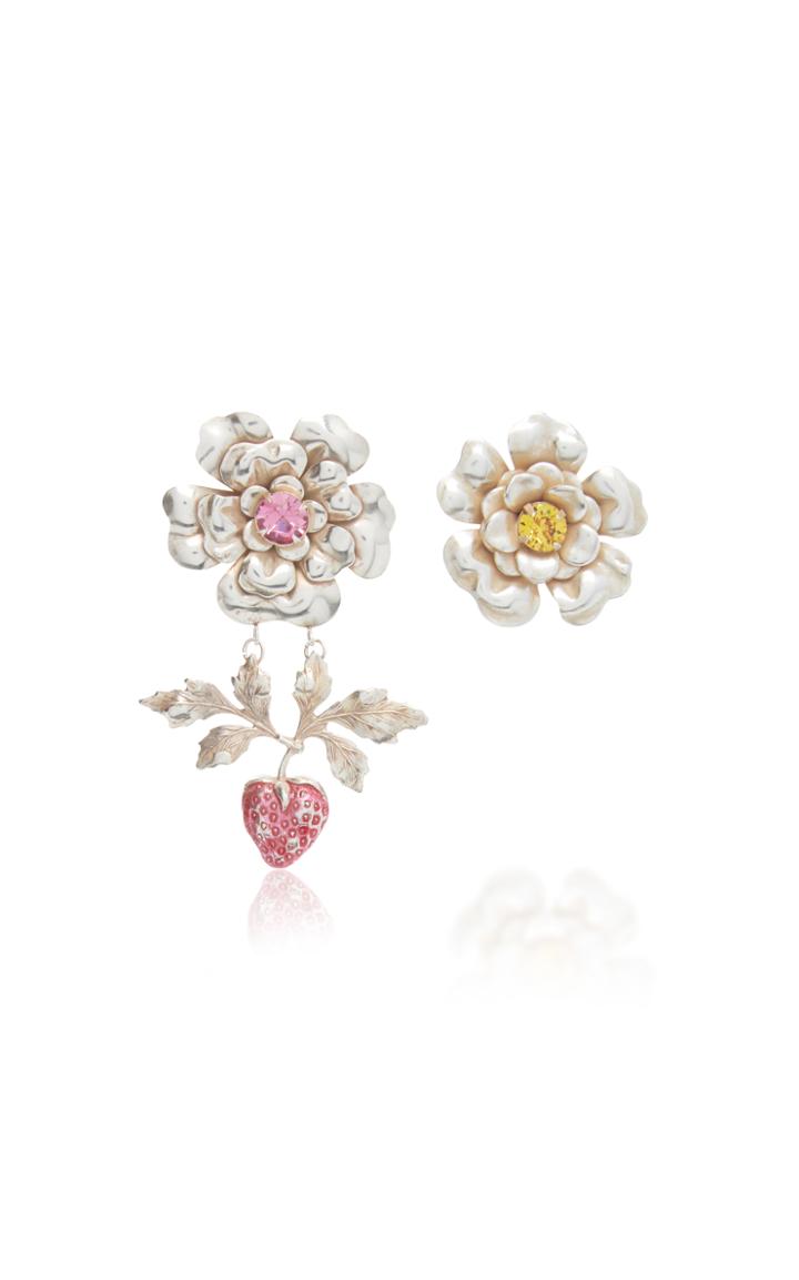Rodarte Silver Flower And Strawberry Earrings With Swarovski Crystal Details