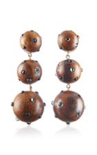 Rebecca De Ravenel Classic Three Drop Dark Wood And Denim Earrings