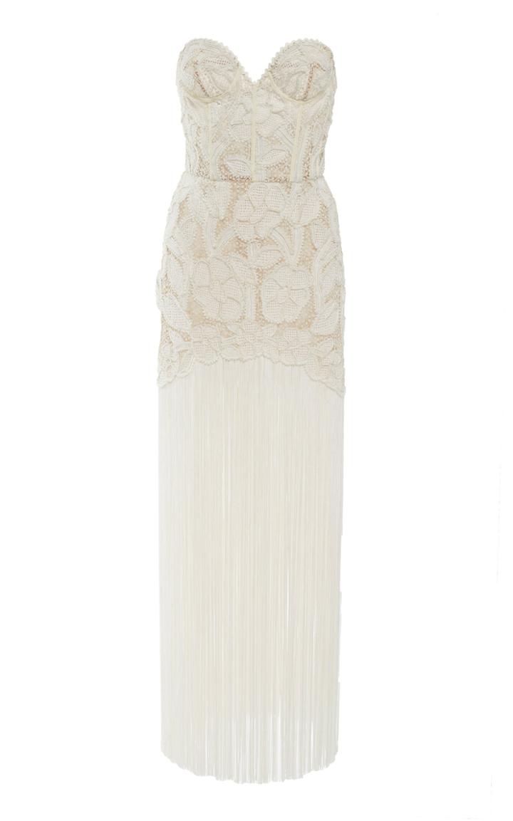 Oscar De La Renta Fringed Strapless Guipure Lace Gown