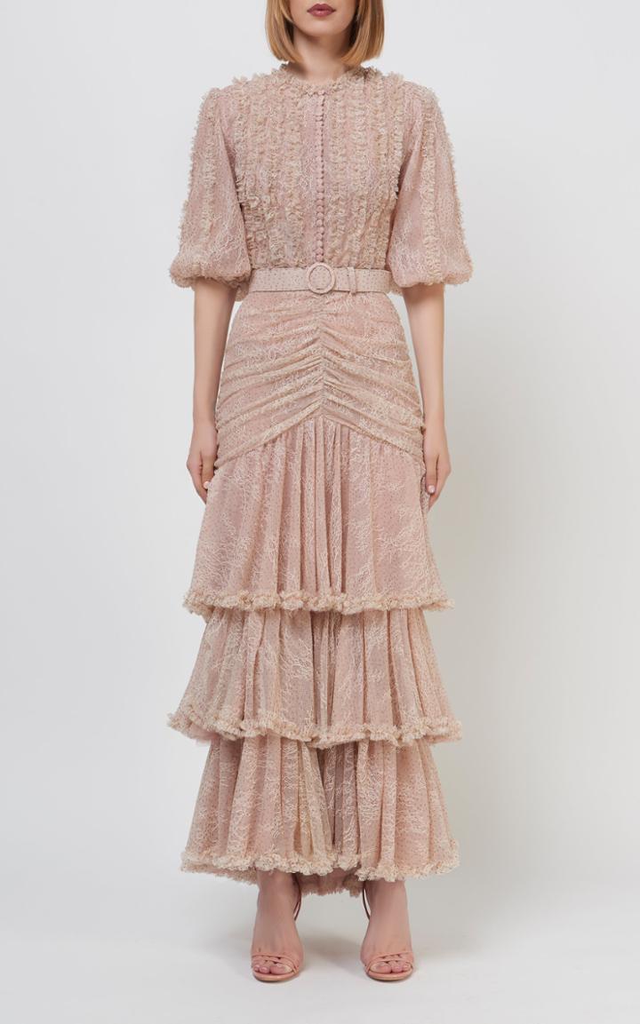 Moda Operandi Costarellos Jeanisse Belted Chantilly Lace Tiered Dress