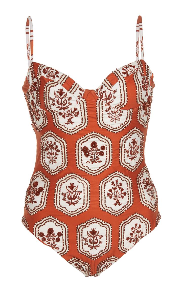 Agua By Agua Bendita Cinnamon Floral-embroidered Swimsuit