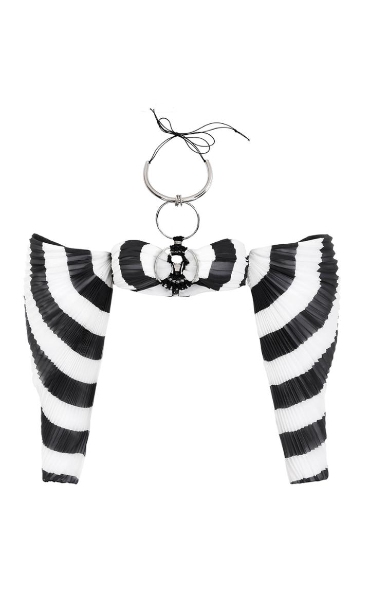 Moda Operandi Balmain Pleated Striped Ring-embellished Cold-shoulder Top Size: 34