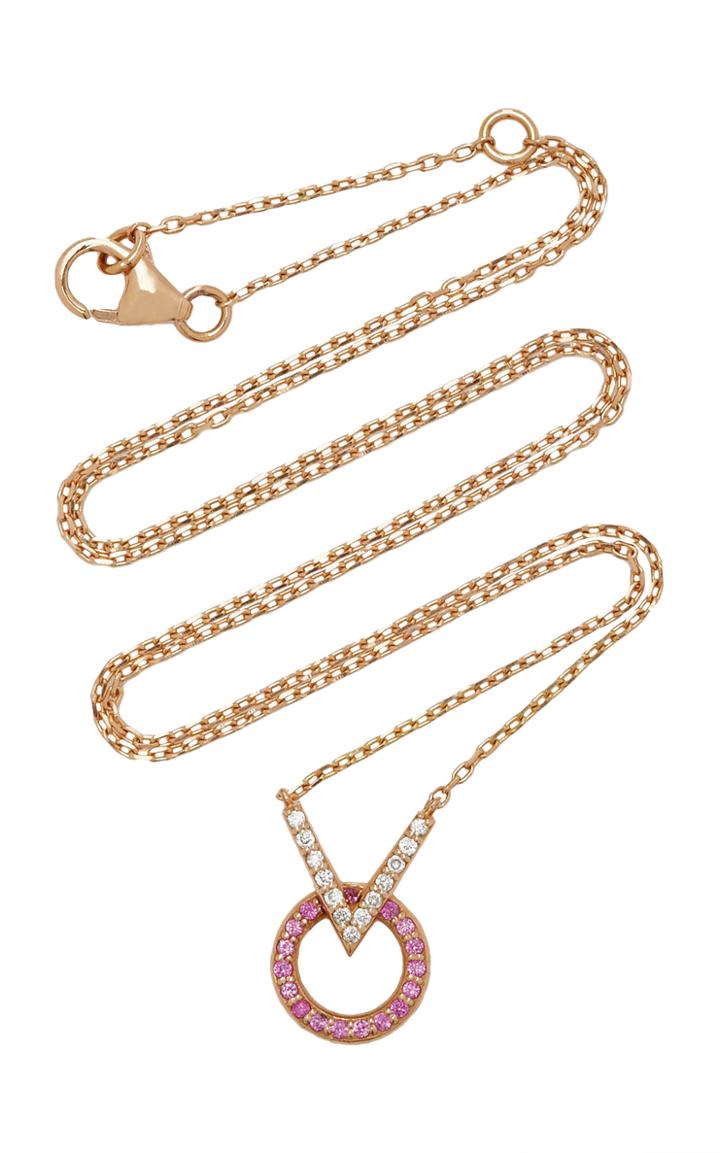 Sabine Getty Rose Gold V Round Necklace With Diamonds And Pink Sapphire