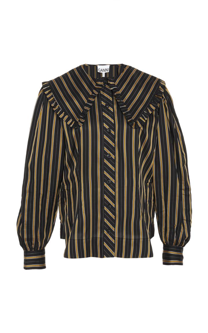 Ganni Ruffle-trim Striped Satin Blouse