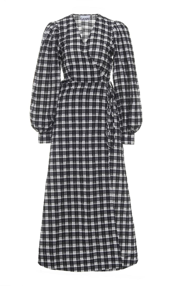 Ganni Seersucker Check Wrap Midi Dress