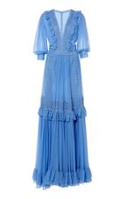 Moda Operandi Costarellos Silk Chiffon Tiered Dress With Ruffle Detail & Embroidered