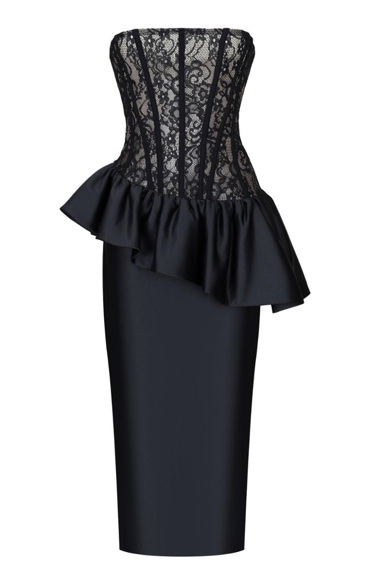 Rasario Ruffled Satin And Lace Corset Midi Dress