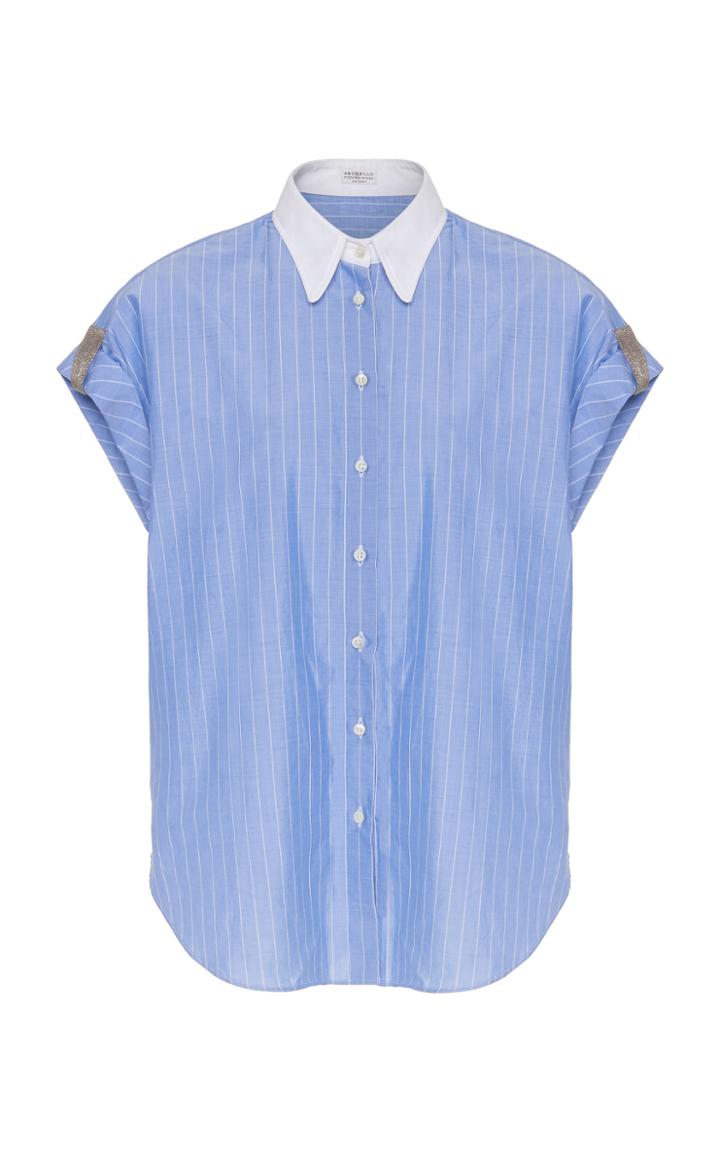 Brunello Cucinelli Monili-tab Rolled Sleeve Striped Cotton Blouse