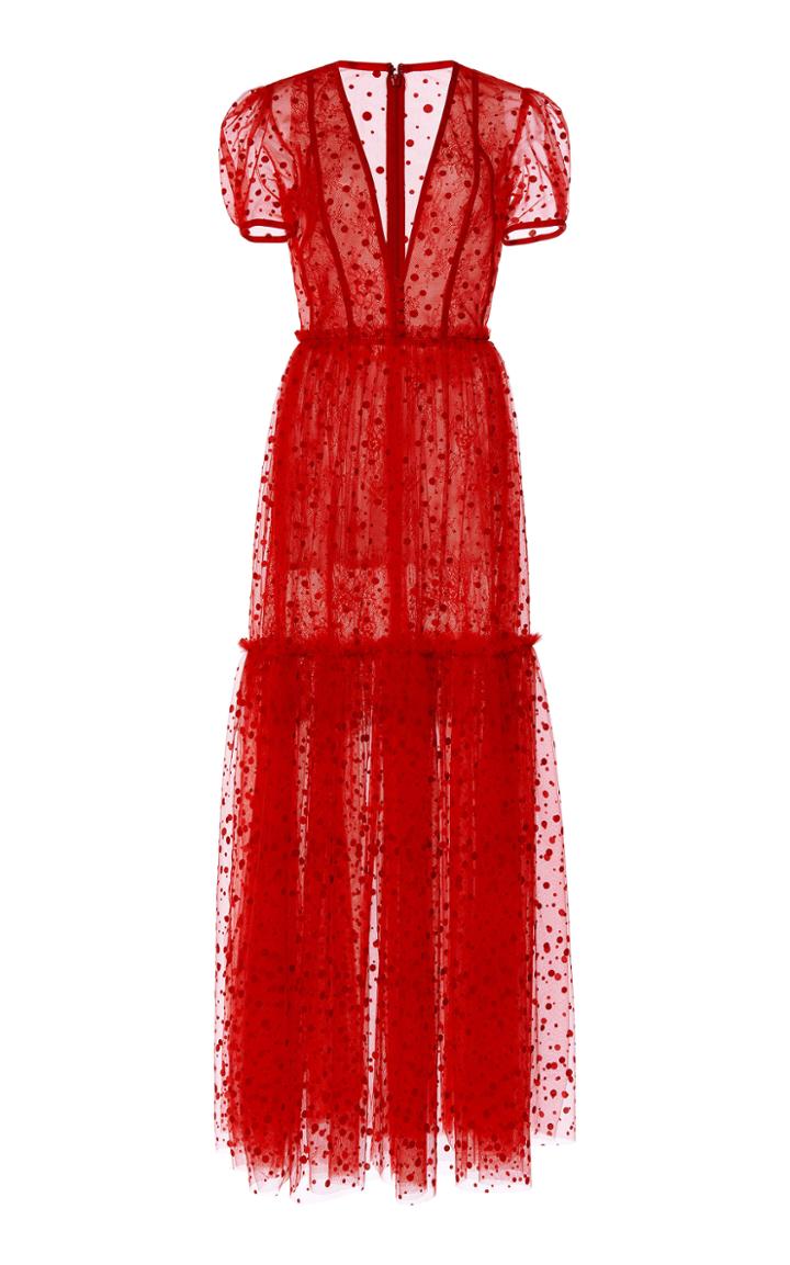 Costarellos Flocked Dot Plunging Neckline Tulle Dress With Tiered Skir