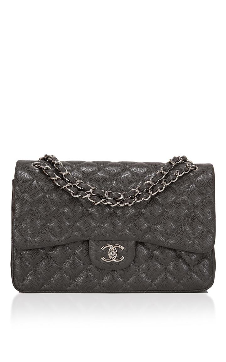 Madison Avenue Couture Chanel Dark Grey Quilted Caviar Classic Jumbo Double Flap Bag