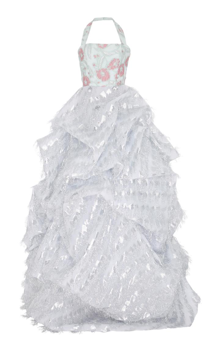 Christian Siriano Floral Jacquard Fringe Gown