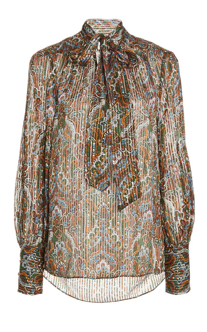 Moda Operandi Veronica Beard Zaylee Printed Metallic Silk Tie-neck Top