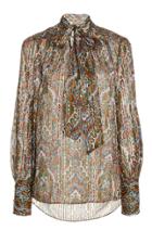 Moda Operandi Veronica Beard Zaylee Printed Metallic Silk Tie-neck Top