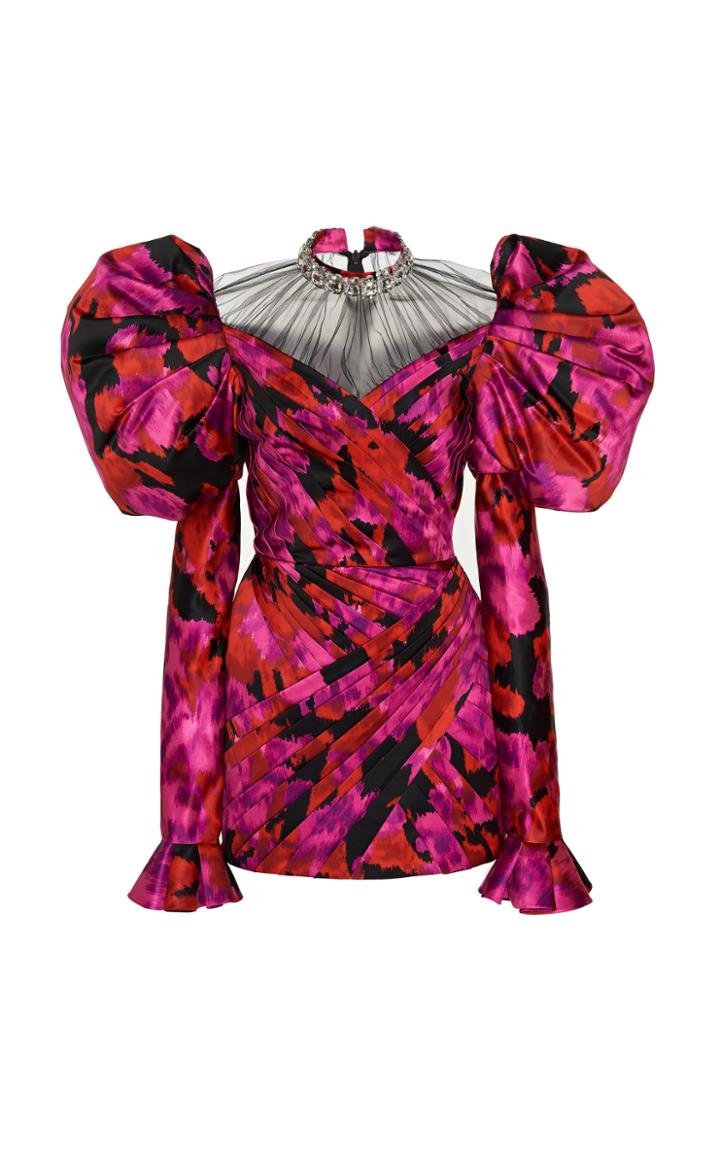 Richard Quinn Floral Moire Pleated Mini Dress