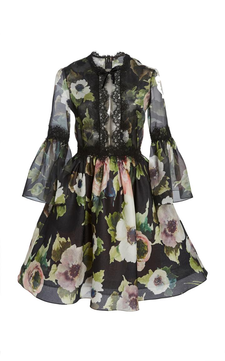 Marchesa Floral Printed Bell Sleeve Cocktail Dress