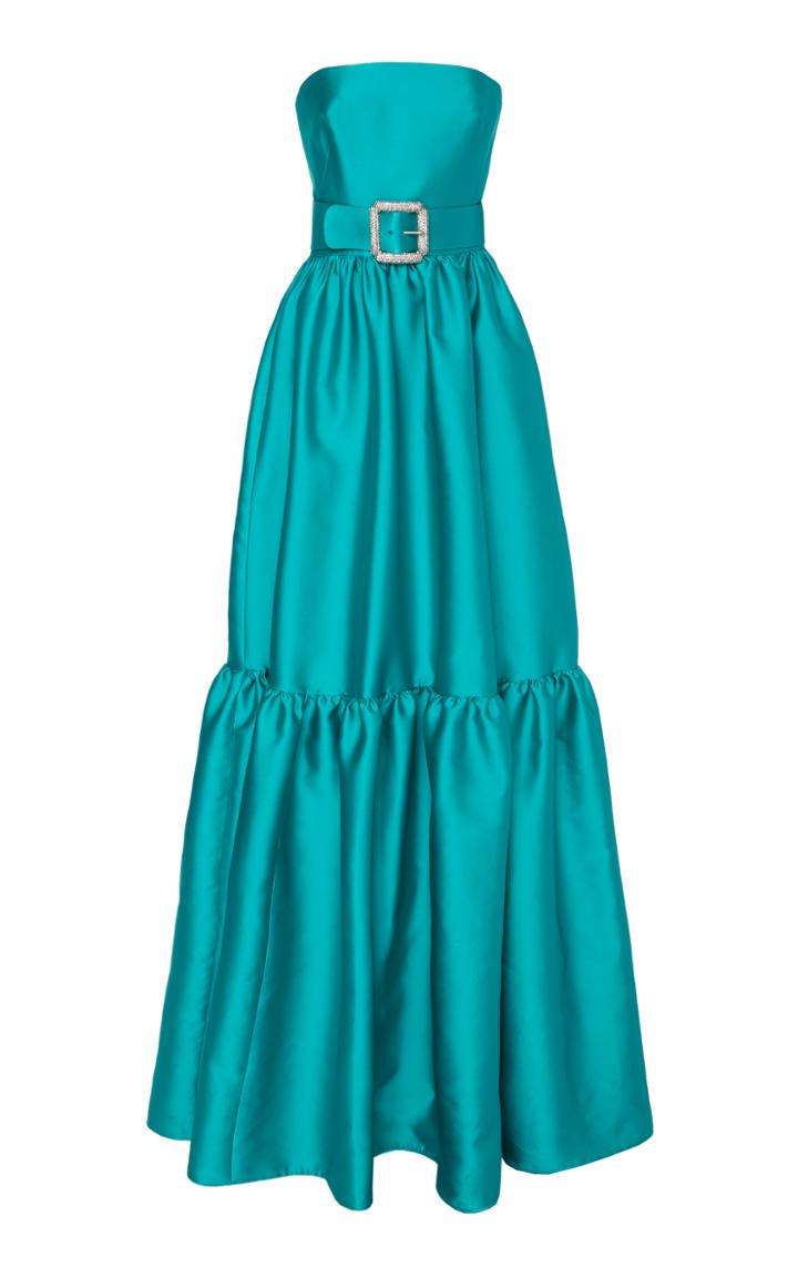 Monique Lhuillier Sateen Strapless Flounce Gown W/belt + Self-wrap