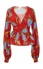 Stella Jean Printed Balloon Sleeve Peplum Crepe Blouse