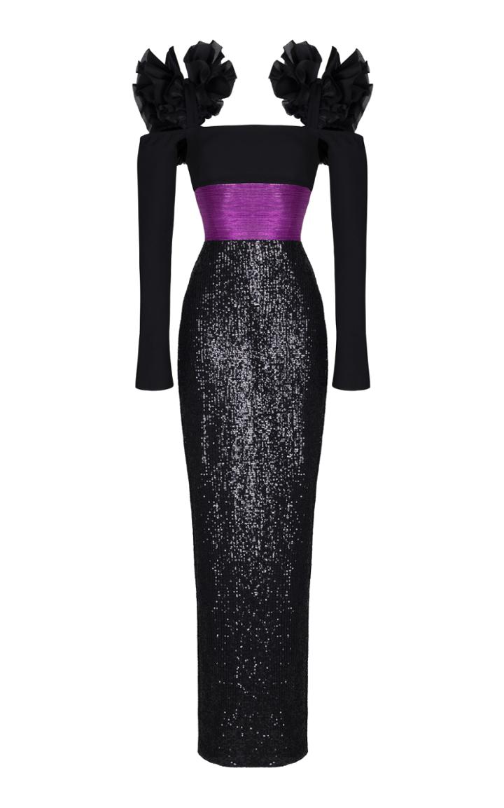 Rasario Sequin Embroidered Long Sleeve Gown