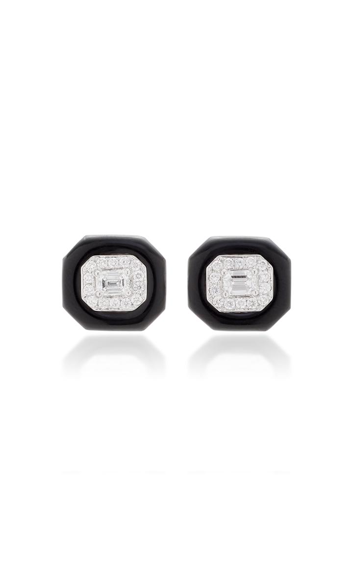 Nikos Koulis Oui Studs With Emerald Cut White Diamond Centers Pav White Diamonds And Black Enamel