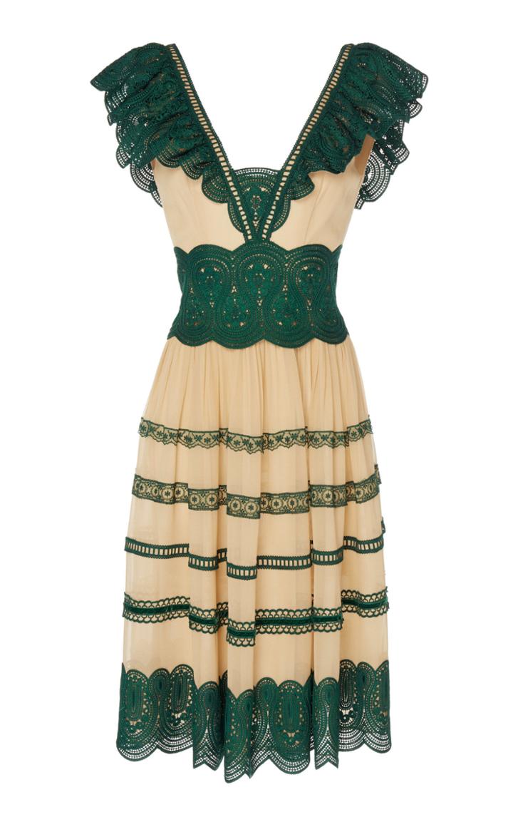 Costarellos Ruffled Chiffon And Lace Trim Dress