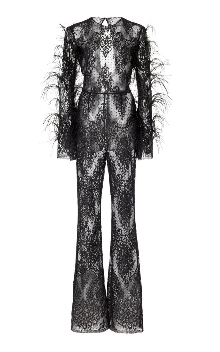Zuhair Murad Minorca Feather-embellished Lace Jumpsuit