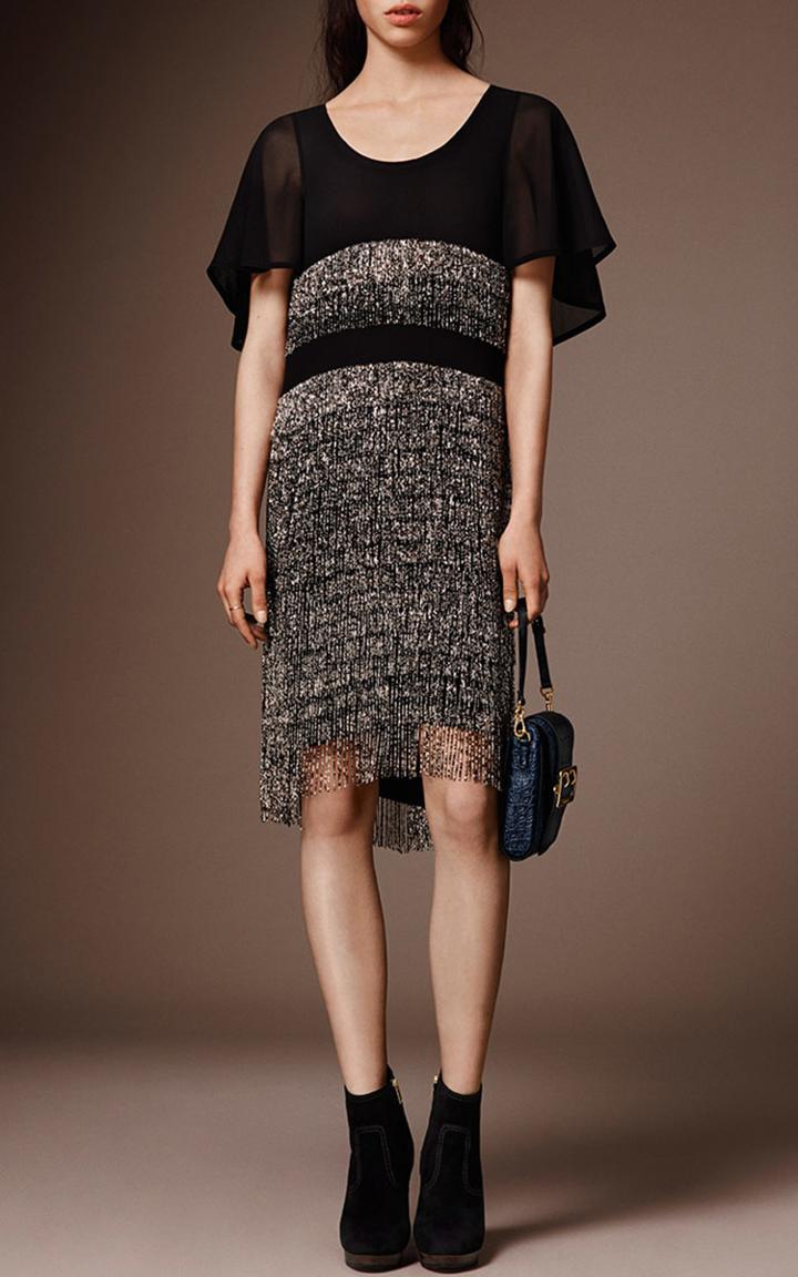 Burberry Beaded Fringe Cape Sleeve Dress