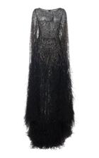Pamella Roland Ombr Ostrich Feather Embellished Tulle Gown