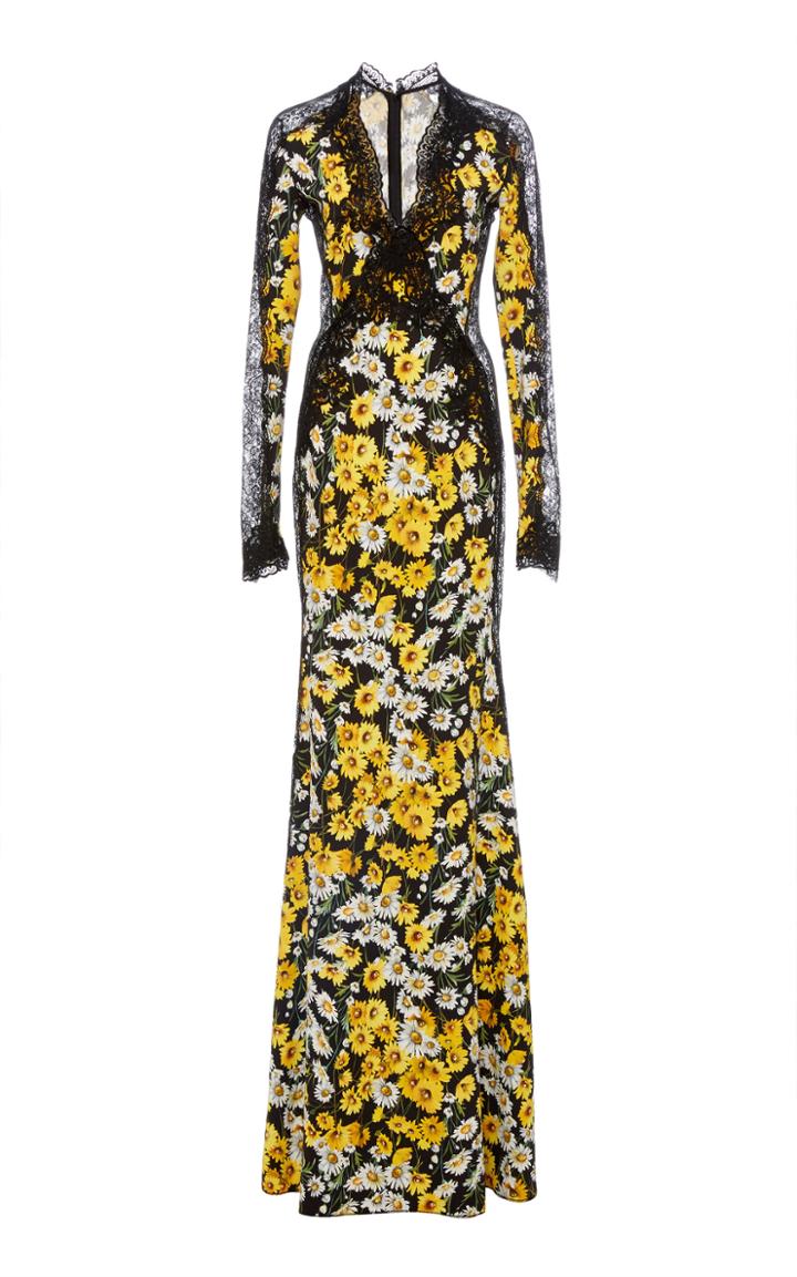 Naeem Khan Printed Lace Paneled Gown